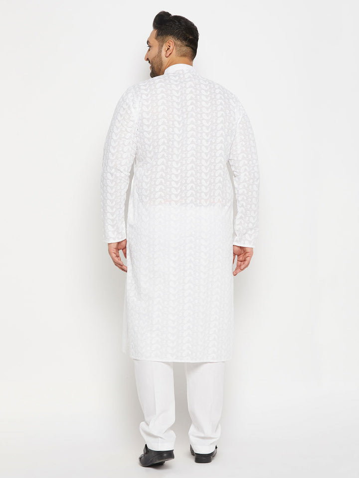 Men's Plus Size White Chikankari Embroidered Kurta And White Cotton Pant Style Pyjama Set