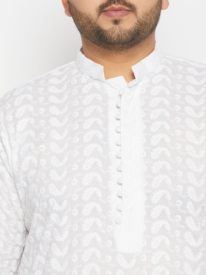 Men's Plus Size White Chikankari Embroidered Kurta And White Cotton Pant Style Pyjama Set