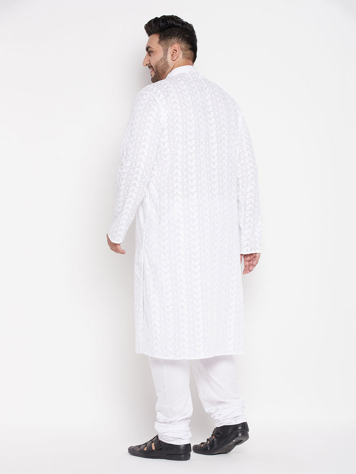Men's Plus Size White Chikankari Embroidered Kurta And White Pyjama Set