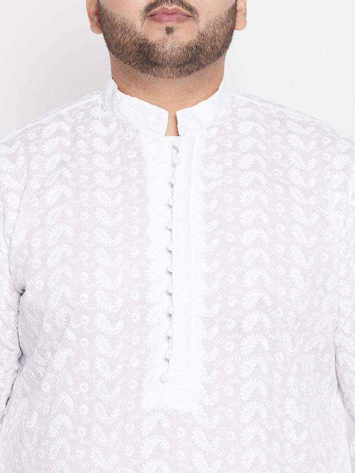Men's Plus Size White Chikankari Embroidered Kurta And White Pyjama Set