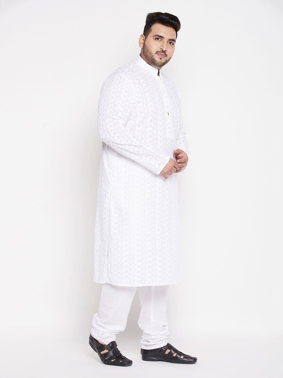 Men's Plus Size White Chikankari Embroidered Kurta And White Pyjama Set