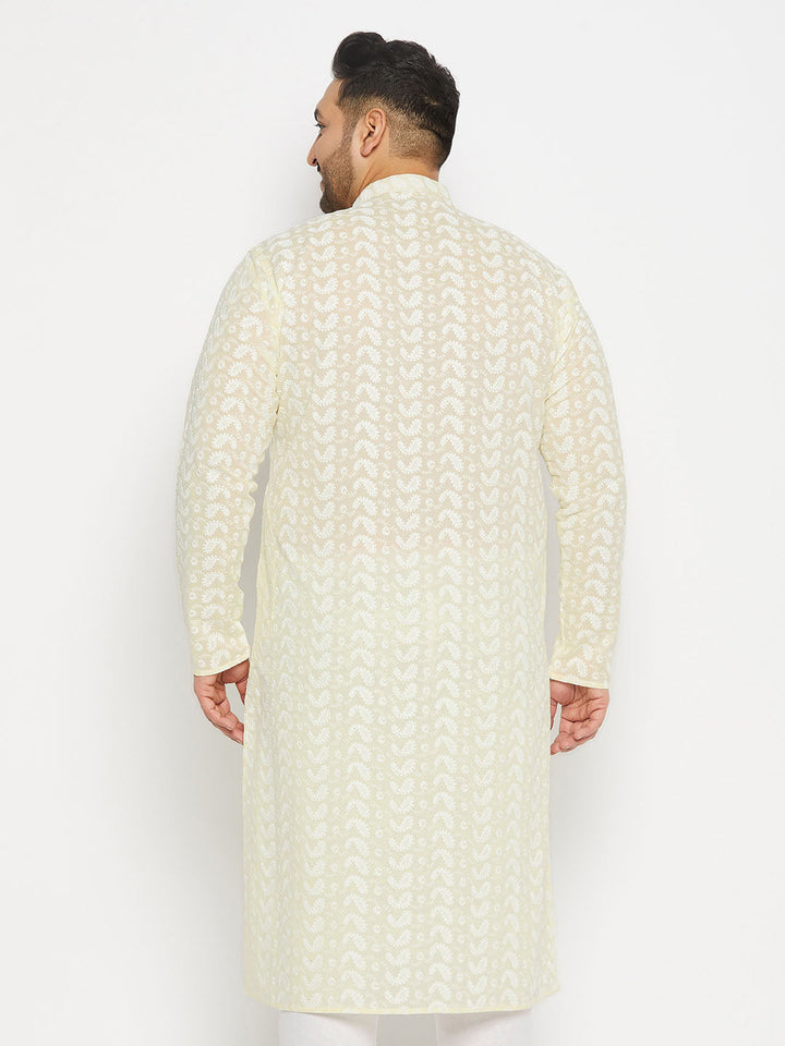 Men's Plus Size Yellow Chikankari Embroidered Kurta