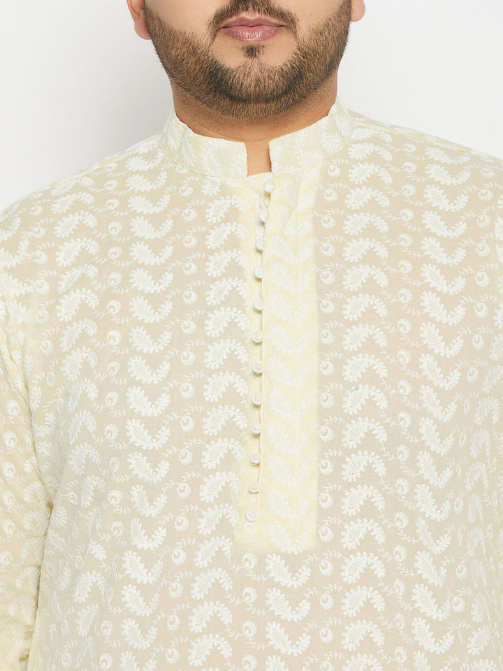 Men's Plus Size Yellow Chikankari Embroidered Kurta And White Cotton Pant Style Pyjama Set
