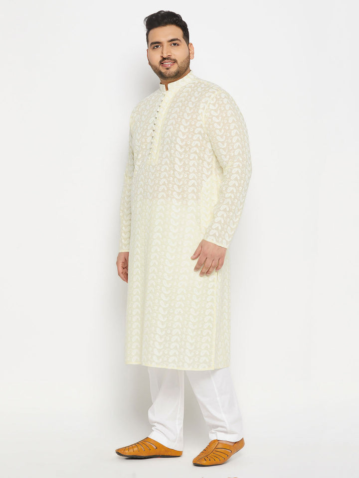Men's Plus Size Yellow Chikankari Embroidered Kurta And White Cotton Pant Style Pyjama Set