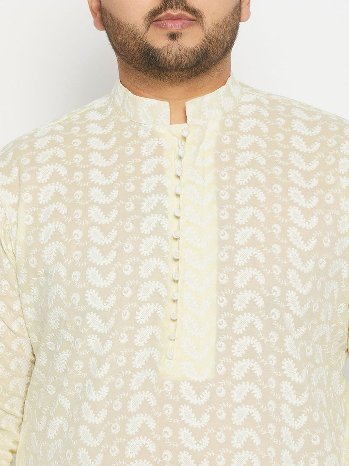 Men's Plus Size Yellow Chikankari Embroidered Kurta And White Pyjama Set