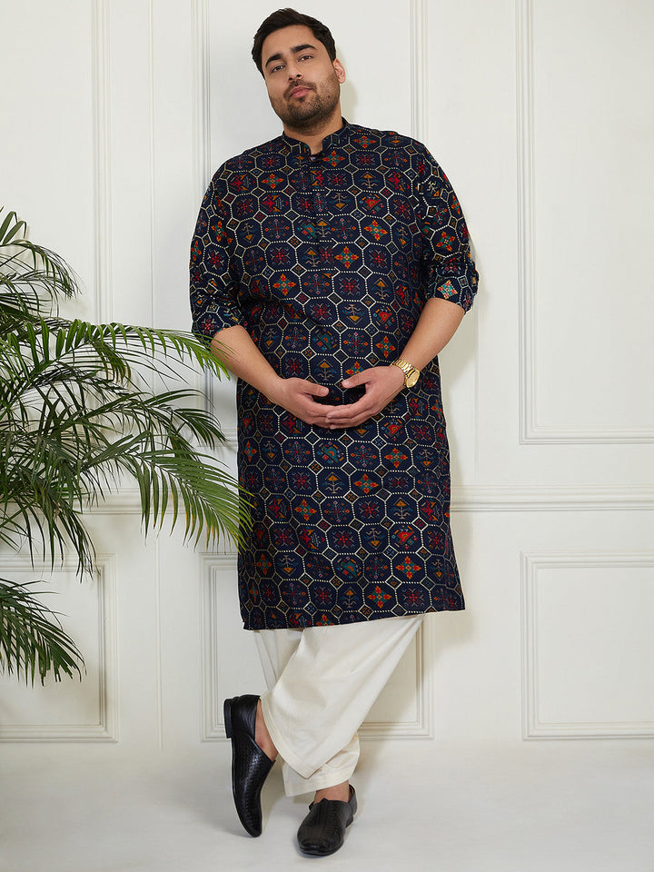 Plus Men's Blue Cotton Blend Kurta