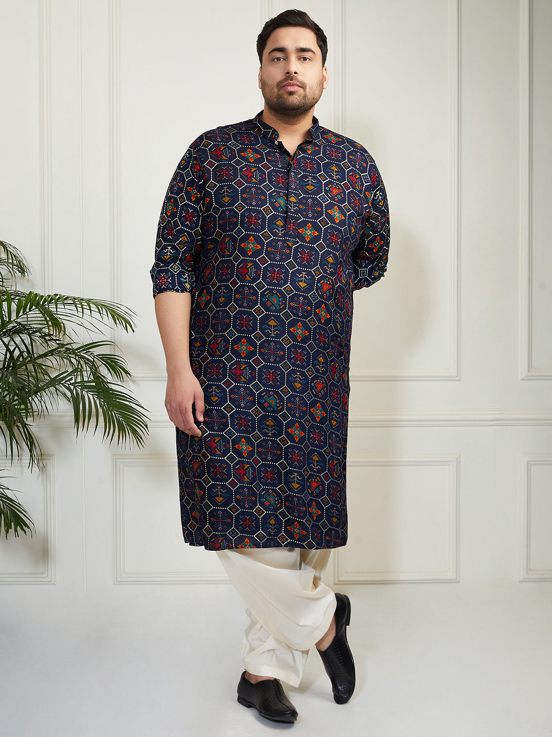 Plus Men's Blue And Cream Cotton Blend Kurta And Patiala Set