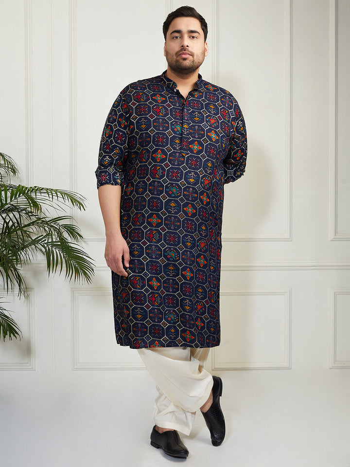 Plus Men's Blue And Cream Cotton Blend Kurta And Patiala Set