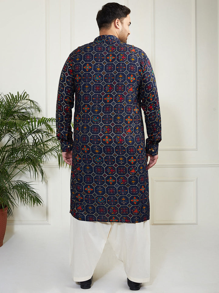 Plus Men's Blue And Cream Cotton Blend Kurta And Patiala Set