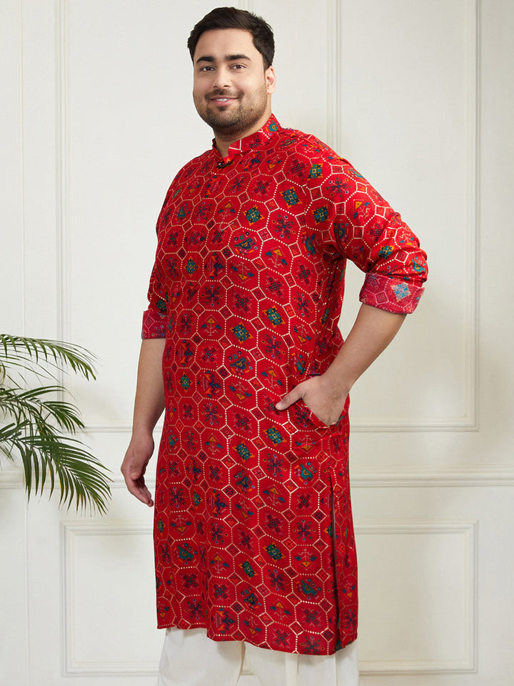 Plus Men's Red Cotton Blend Kurta