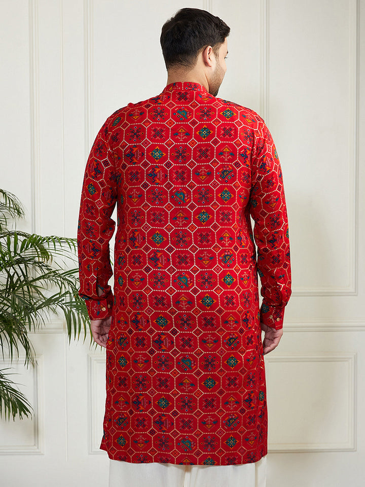 Plus Men's Red Cotton Blend Kurta