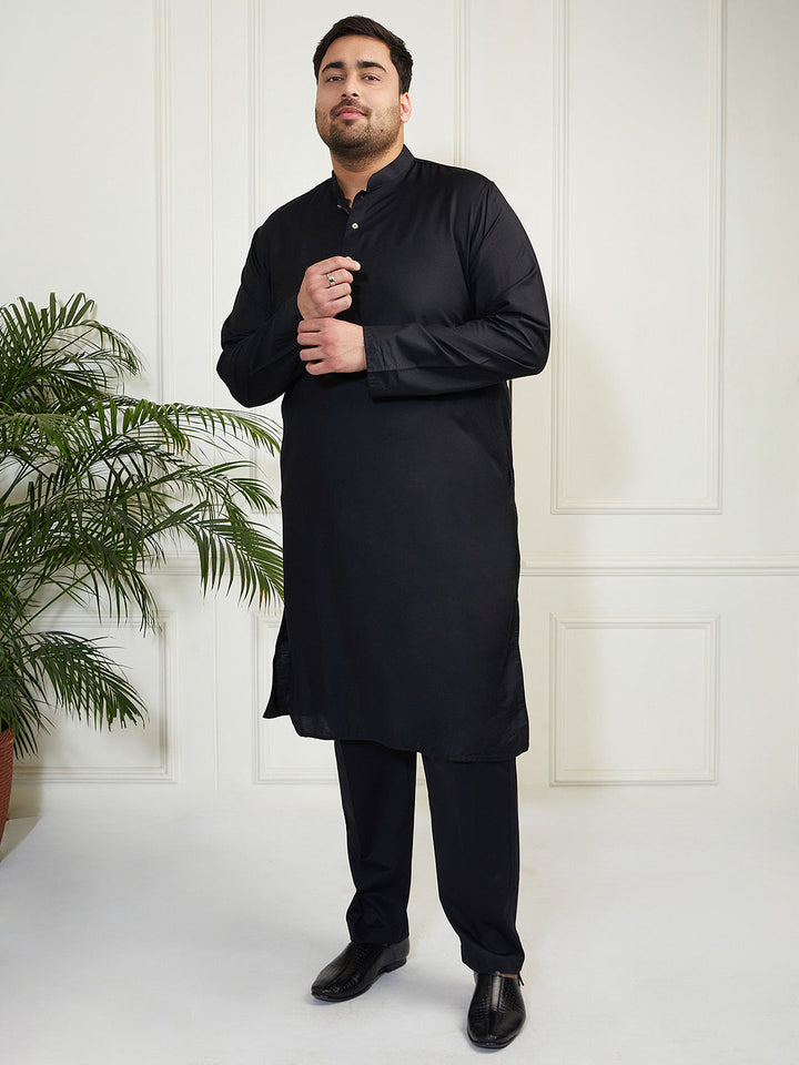 Plus Men's Black Viscose Kurta Pyjama Set
