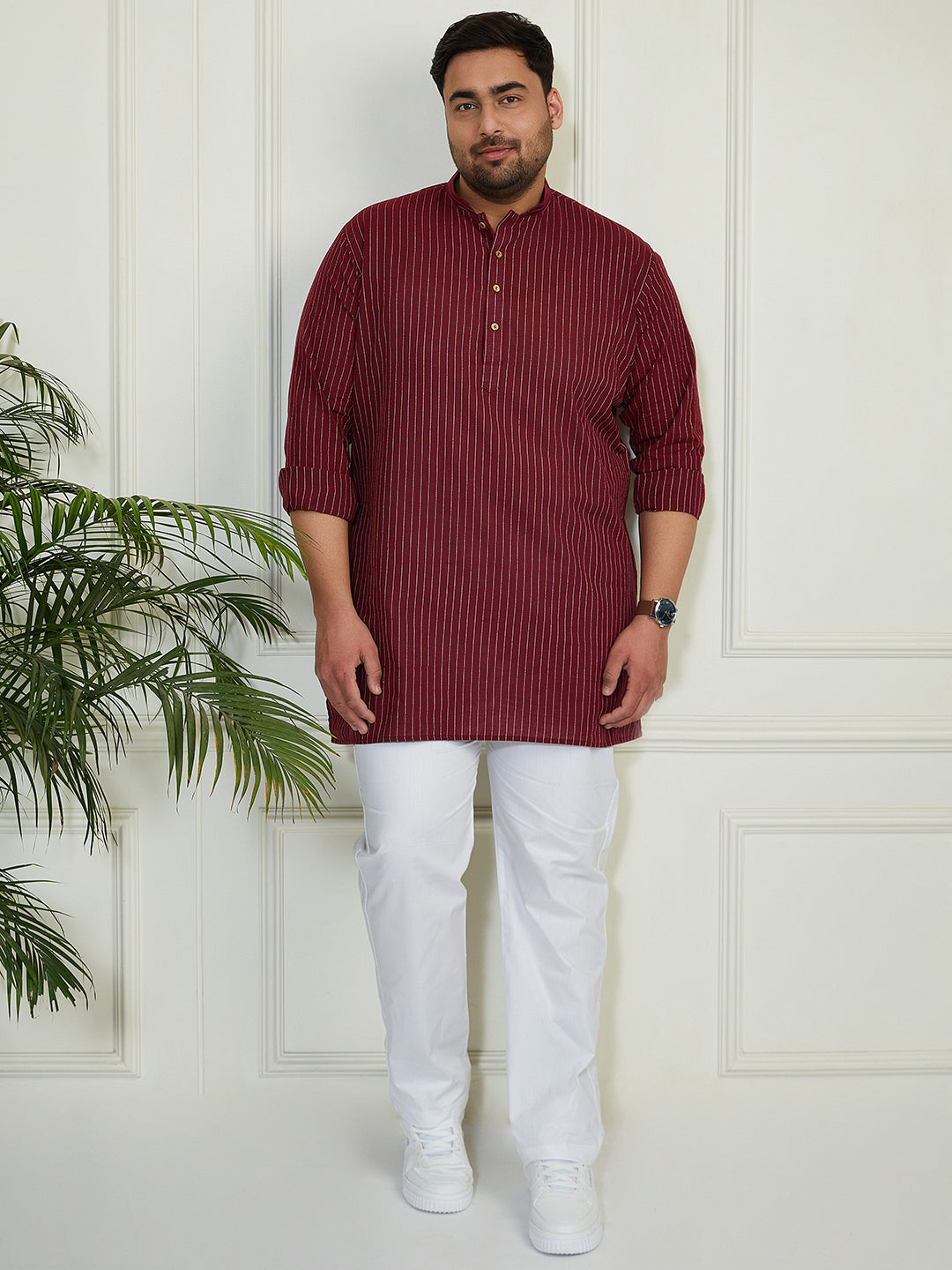Plus Men's Maroon And White Cotton Kurta Pyjama Set