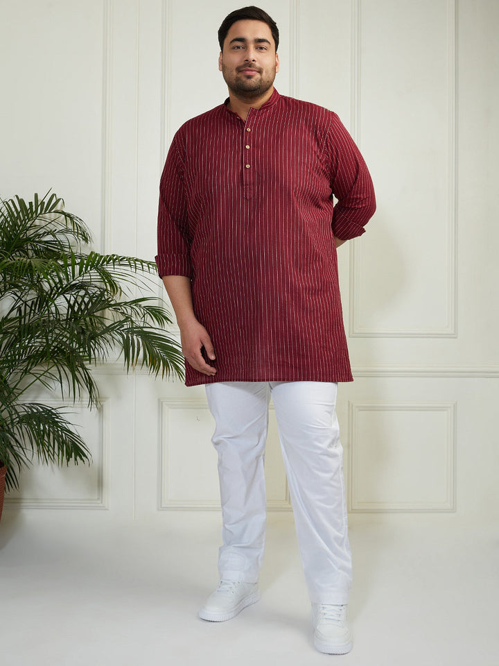 Plus Men's Maroon And White Cotton Kurta Pyjama Set
