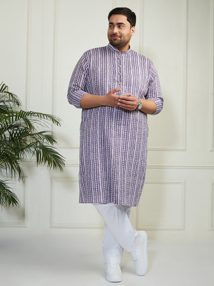Plus Men's Purple And White Cotton Kurta Pyjama Set
