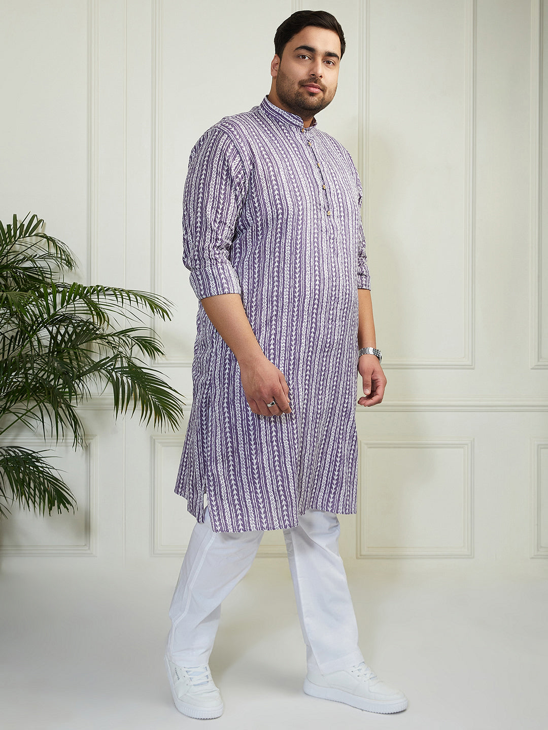 Plus Men's Purple And White Cotton Kurta Pyjama Set