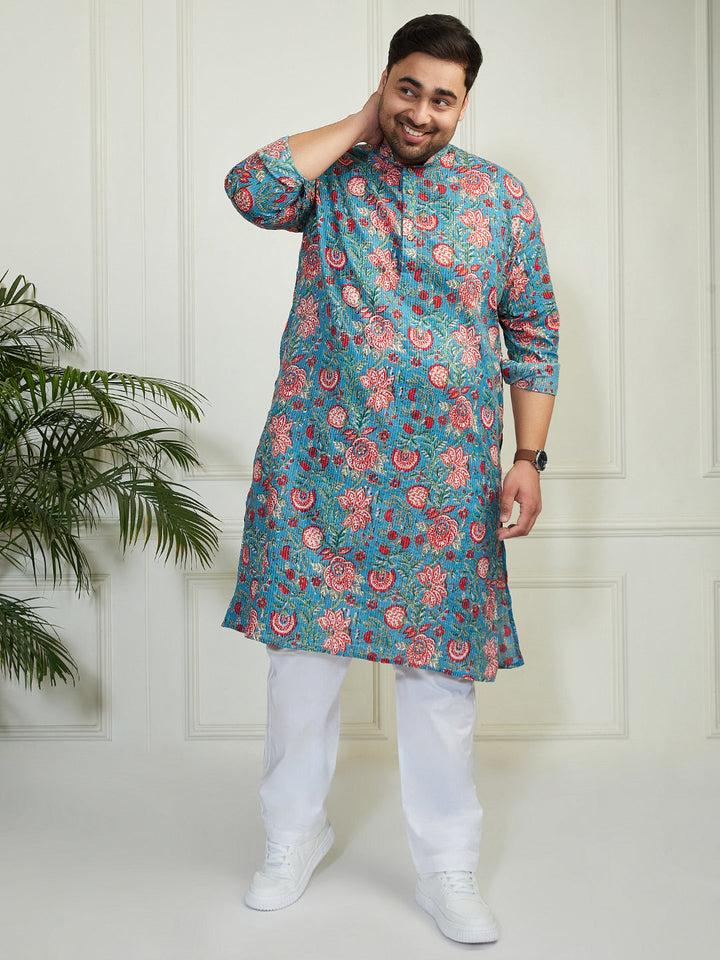 Plus Men's Aqua Cotton Kurta