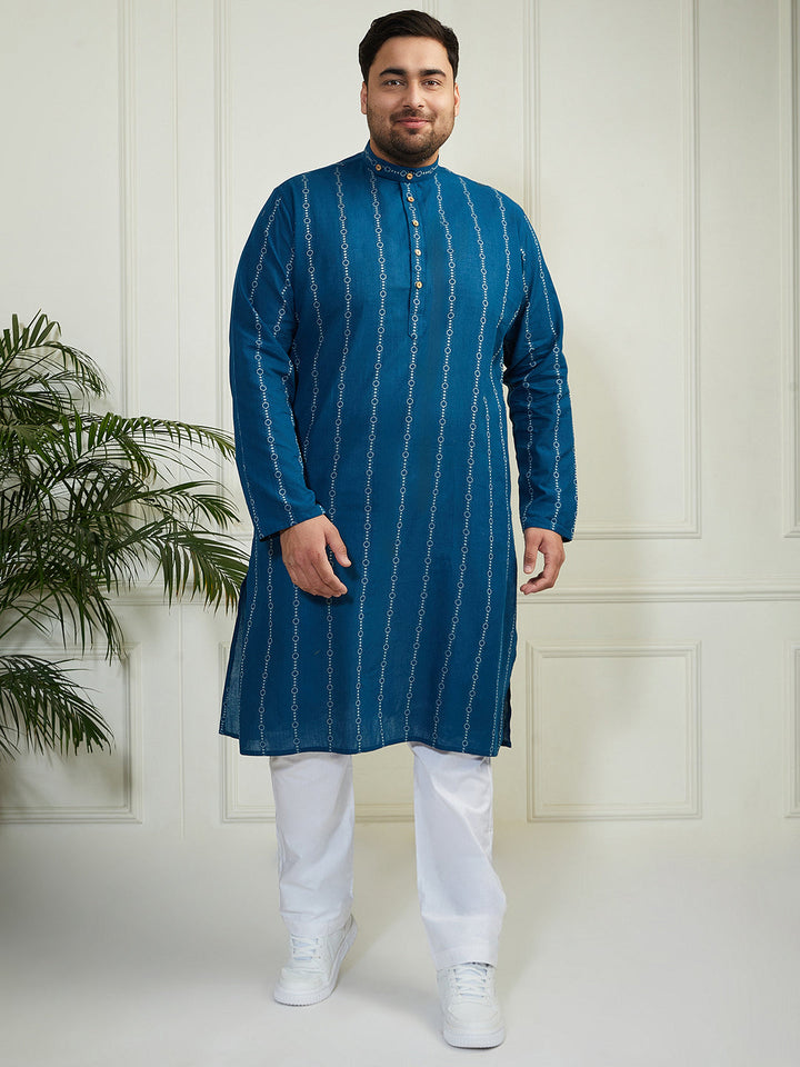 Plus Men's Indigo Blue Cotton Kurta Pyjama Set