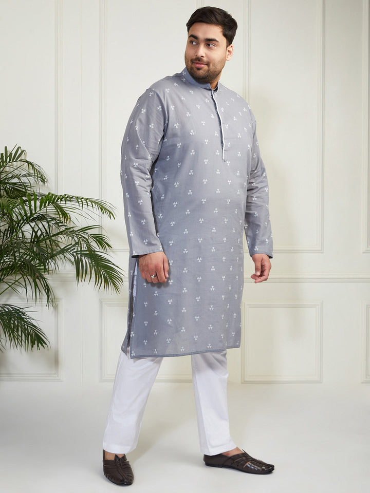 Plus Men's Grey And White Cotton Kurta Pyjama Set