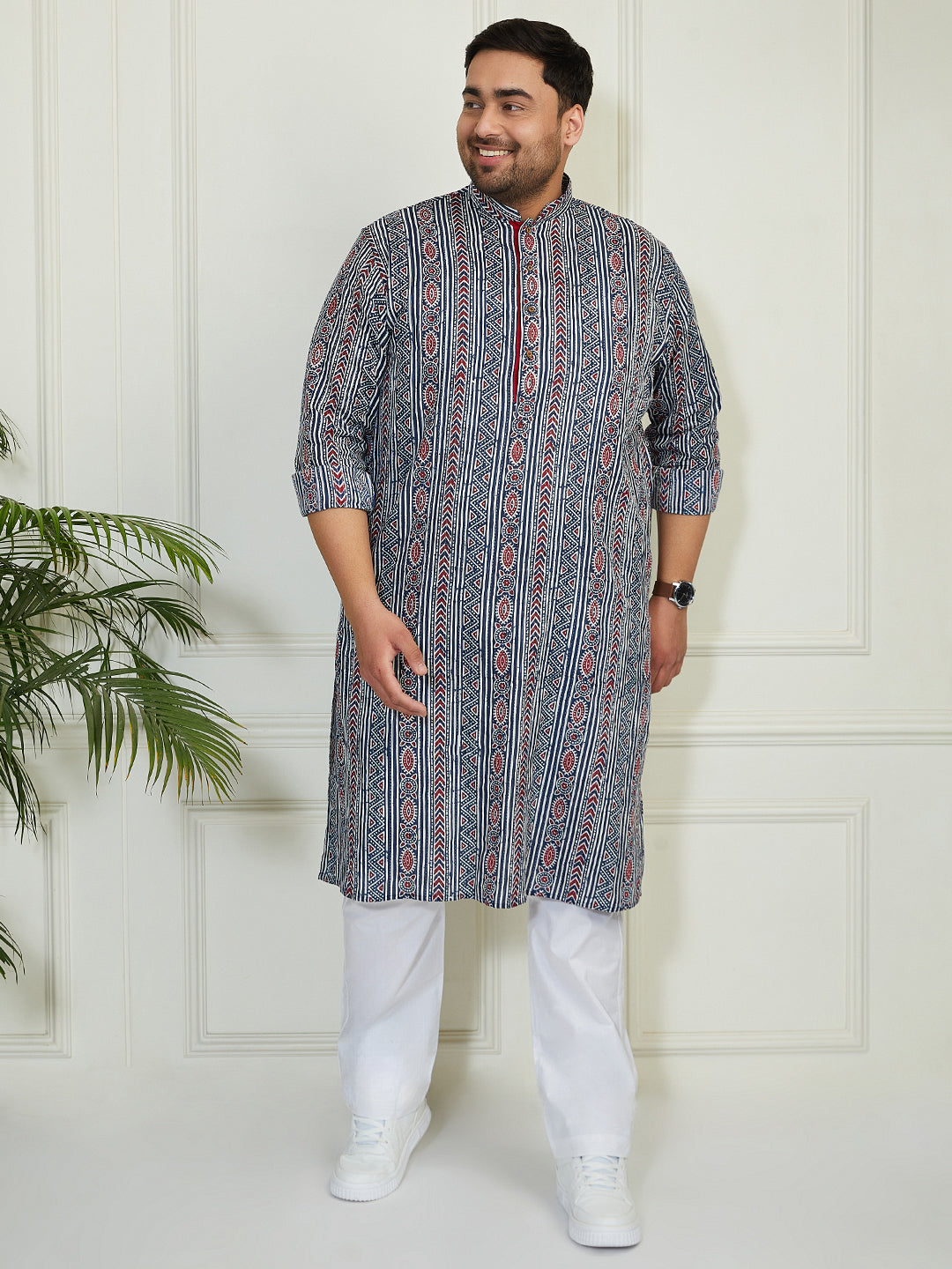 Plus Men's Indigo Blue White Cotton Kurta Pyjama Set
