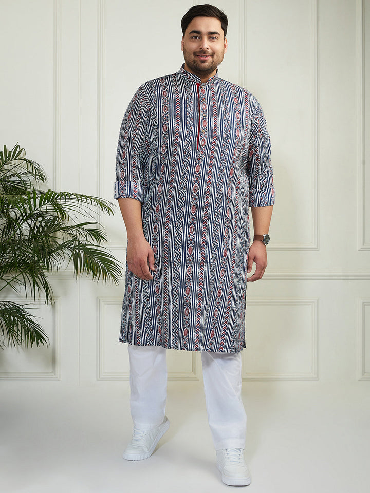 Plus Men's Indigo Blue White Cotton Kurta Pyjama Set