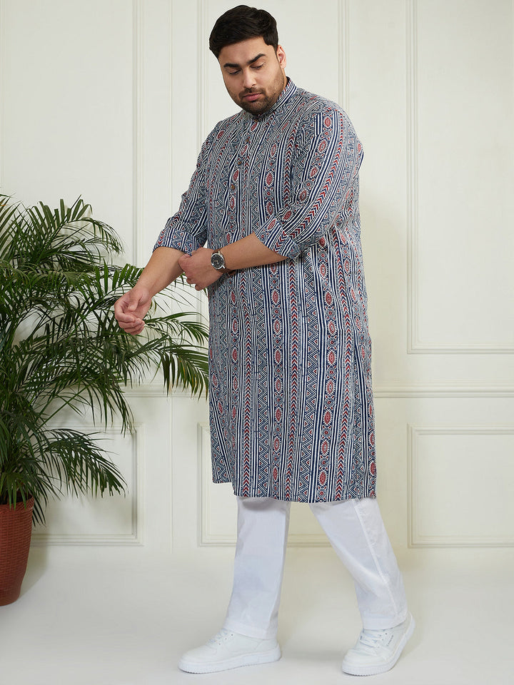 Plus Men's Indigo Blue White Cotton Kurta Pyjama Set