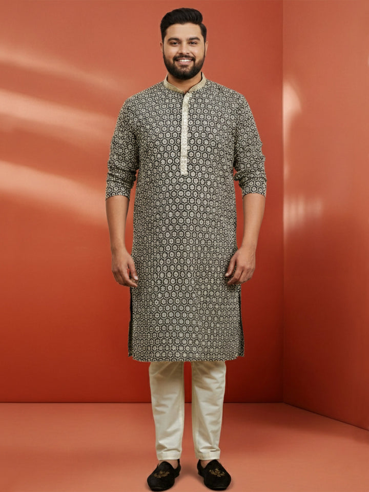 Men's Black Sequin Kurta with Cream Trousers