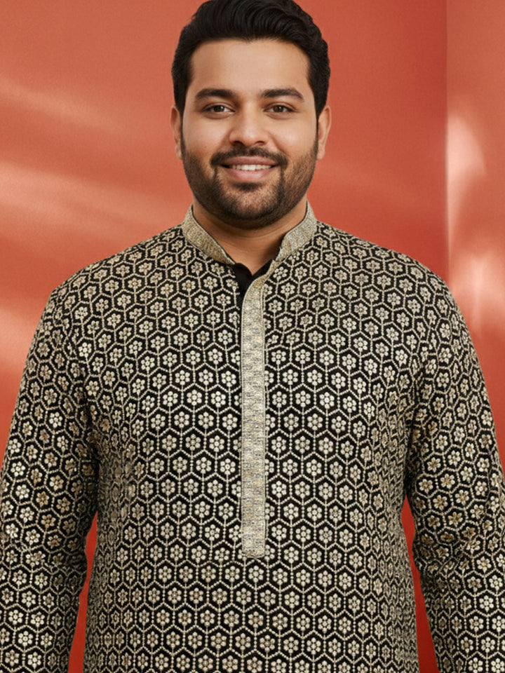 Men's Black Sequin Kurta with Cream Trousers