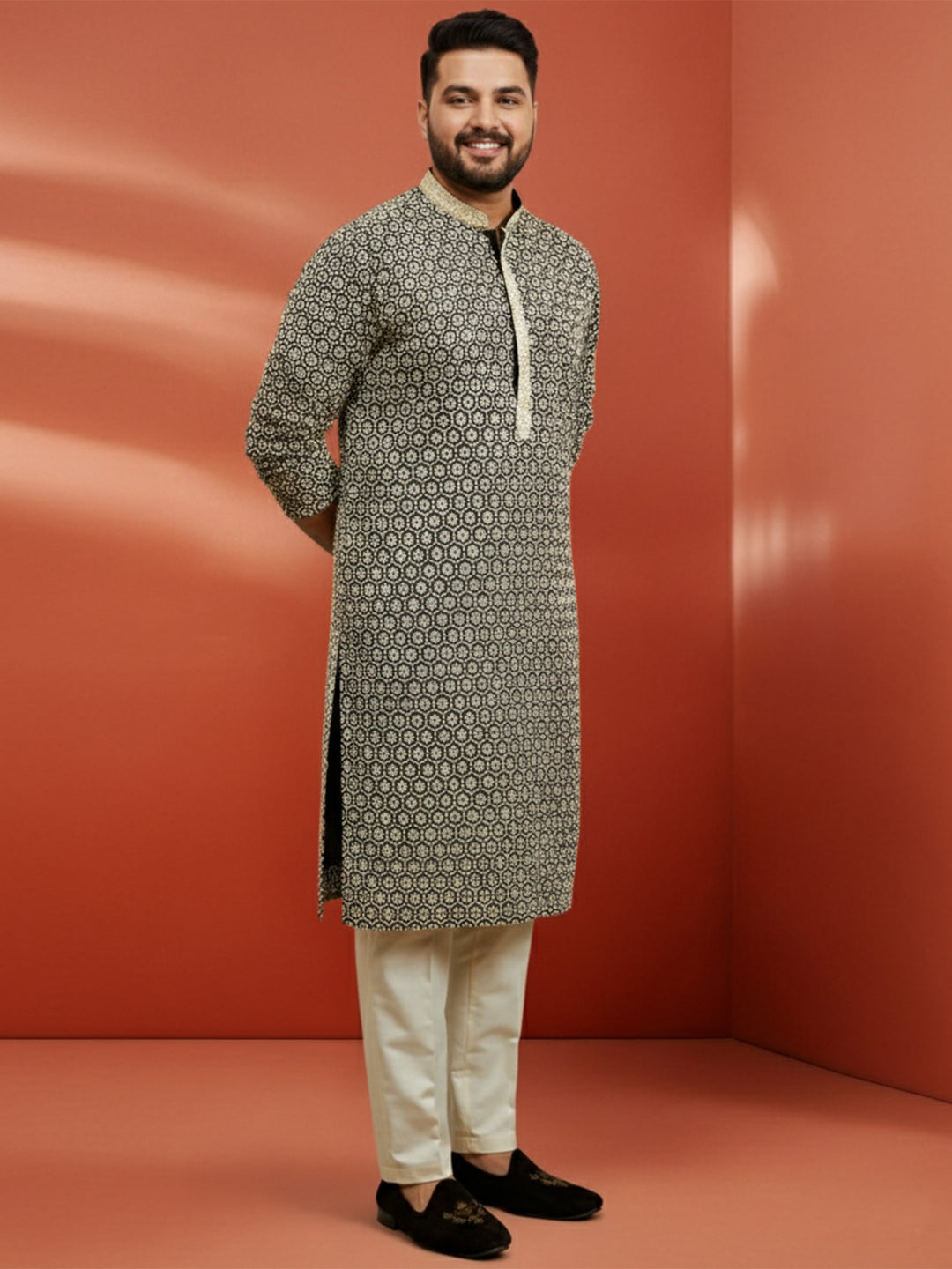 Men's Black Sequin Kurta with Cream Trousers