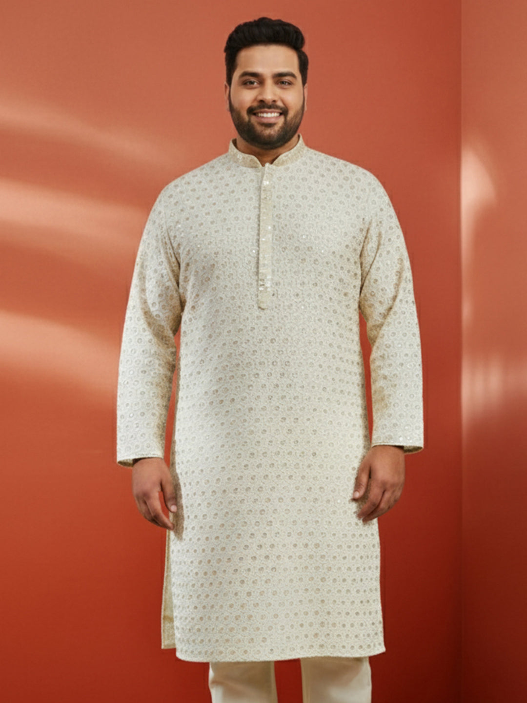 Men's Plus Off White Sequin Kurta