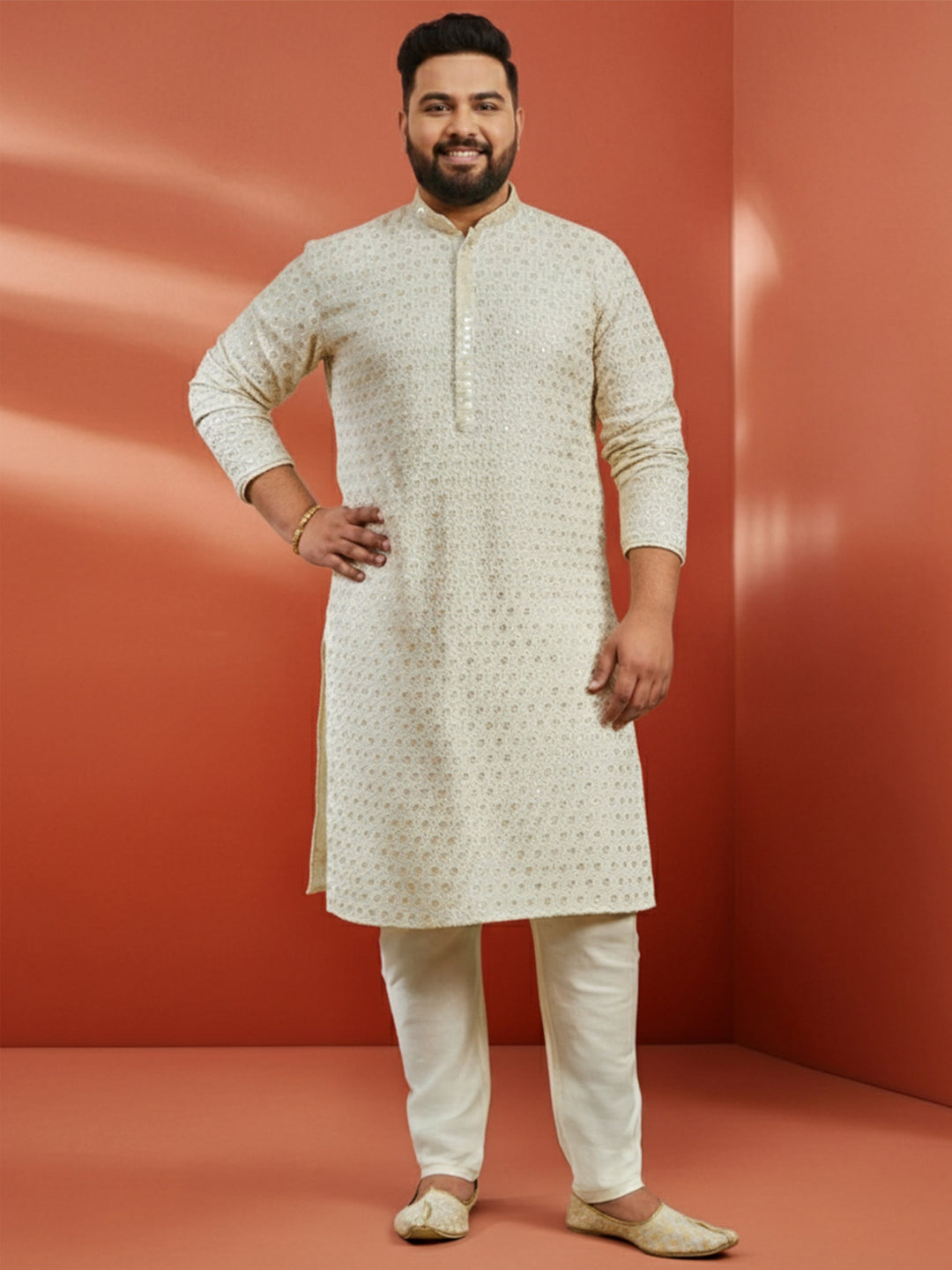 Men's Plus Off White Sequin Kurta