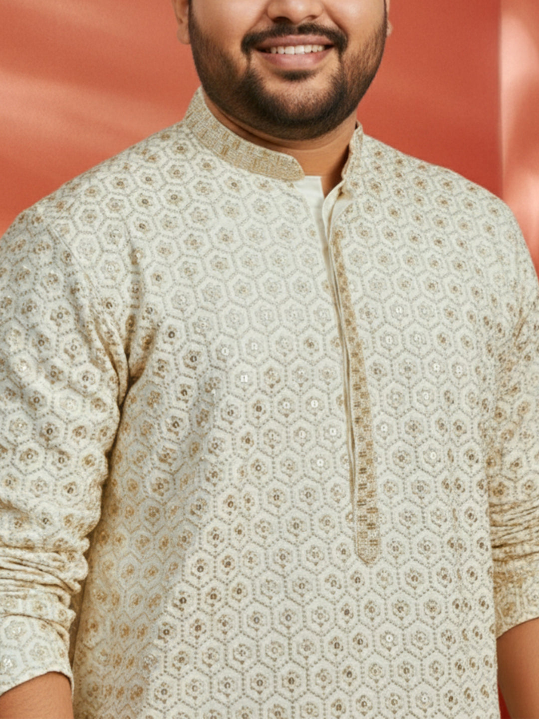 Men's Off White Sequin Embroidered Kurta with Cream Pant