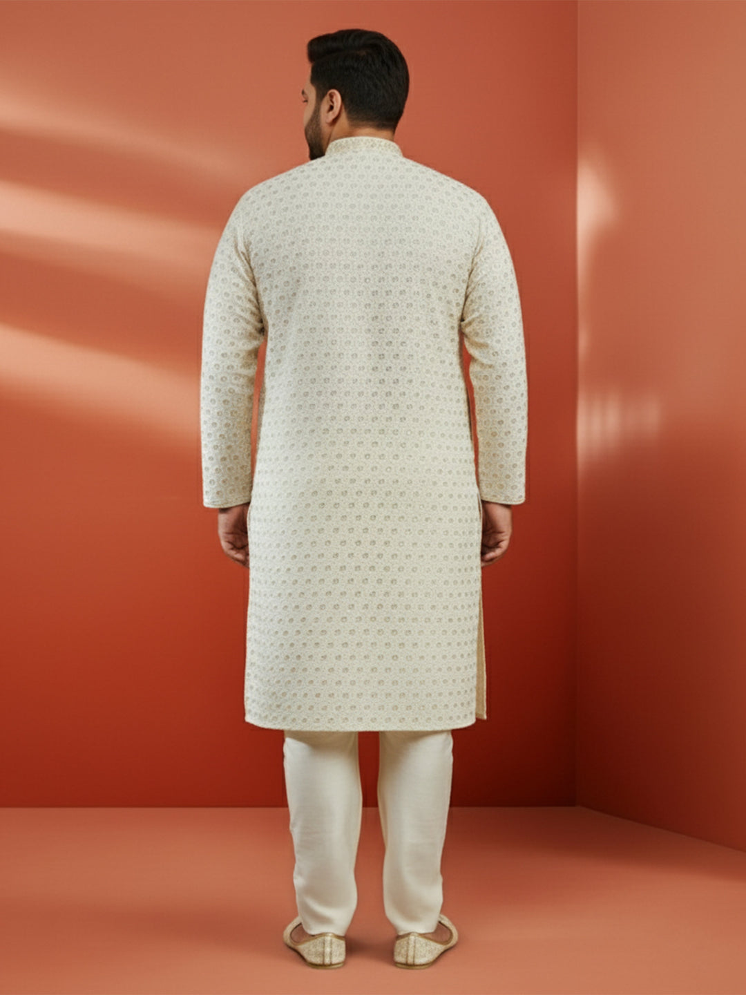 Men's Off White Sequin Embroidered Kurta with Cream Pant