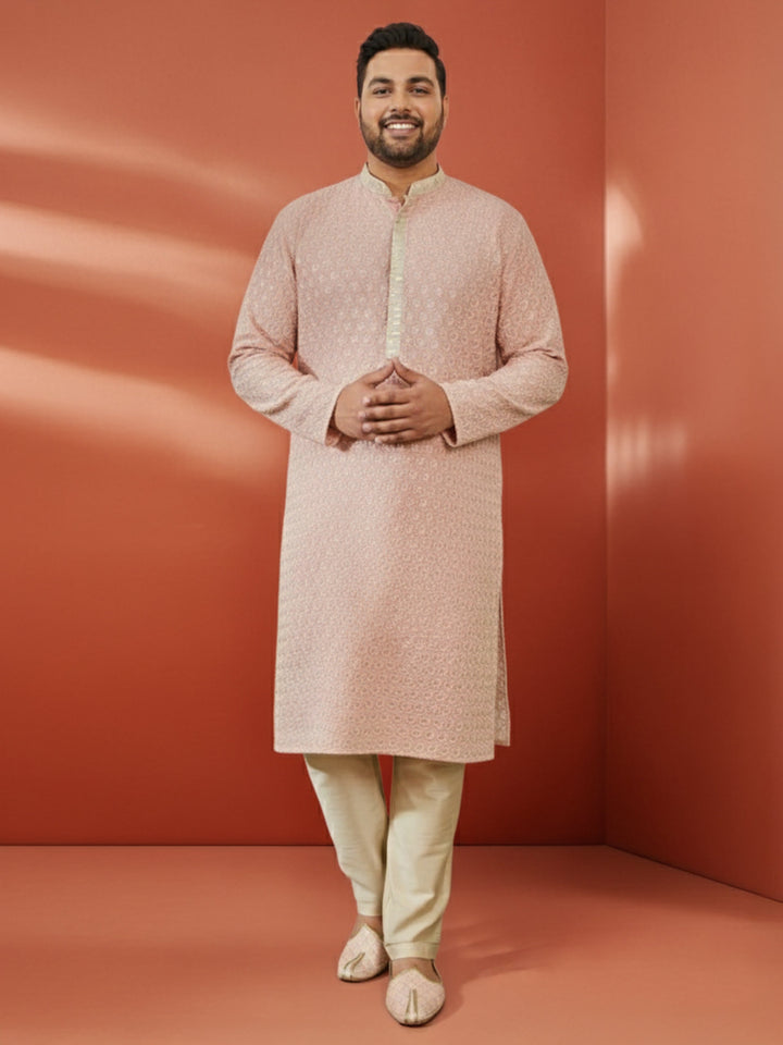 Men's Peach Sequin Embroidered Kurta with Cream Pant