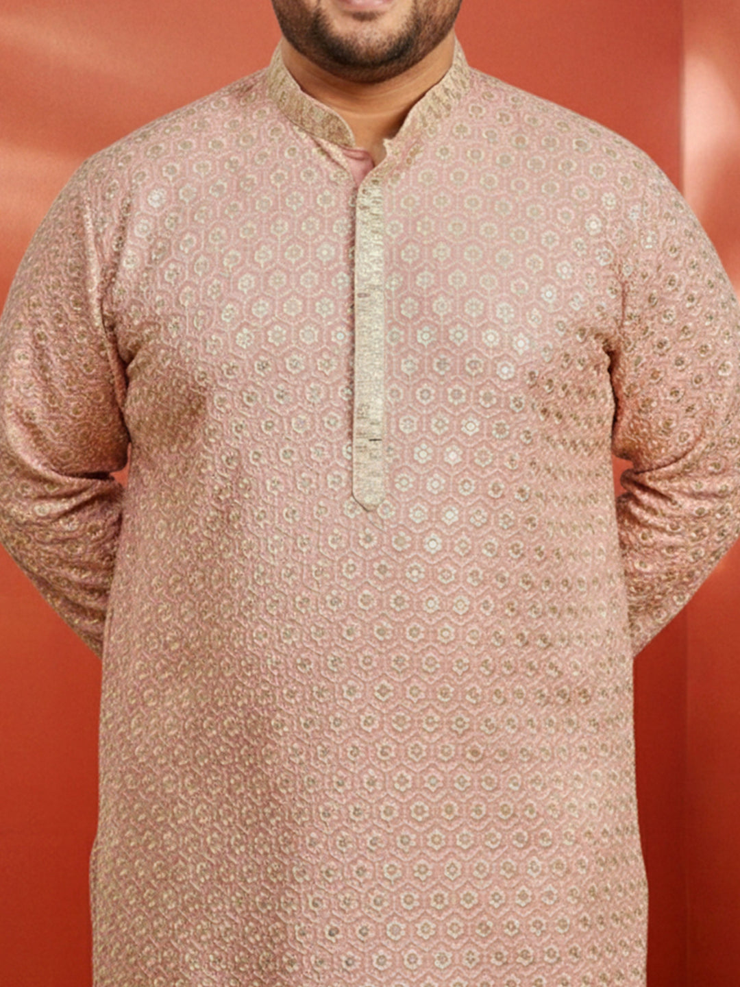 Men's Peach Sequin Embroidered Kurta with Cream Pant