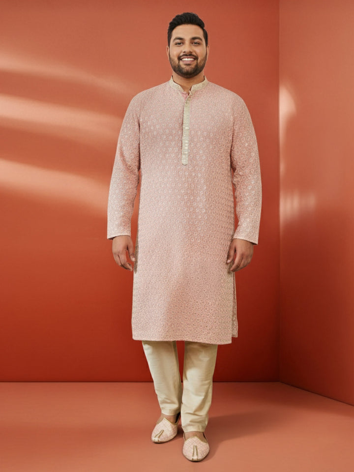 Men's Peach Sequin Embroidered Kurta with Cream Pant