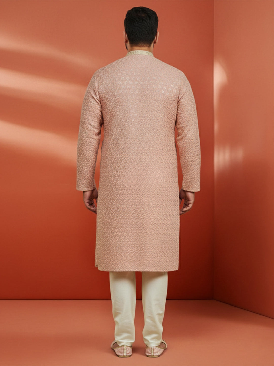 Men's Peach Sequin Embroidered Kurta with Cream Pant