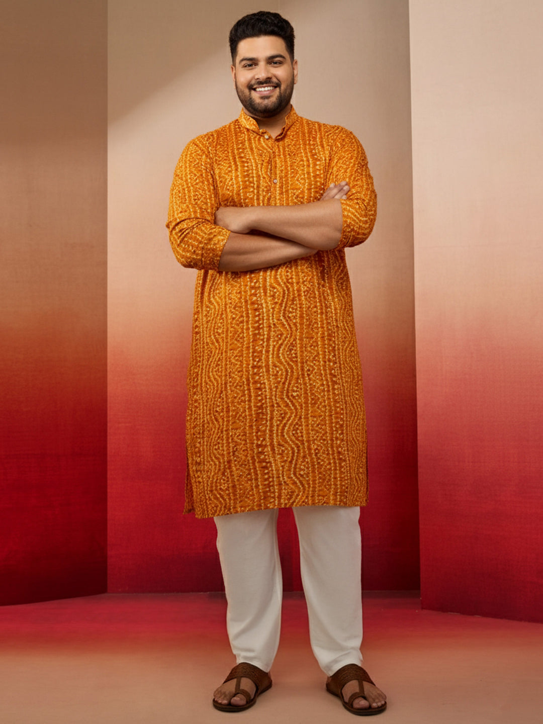 Men's Plus Mustard Bandhani Kurta