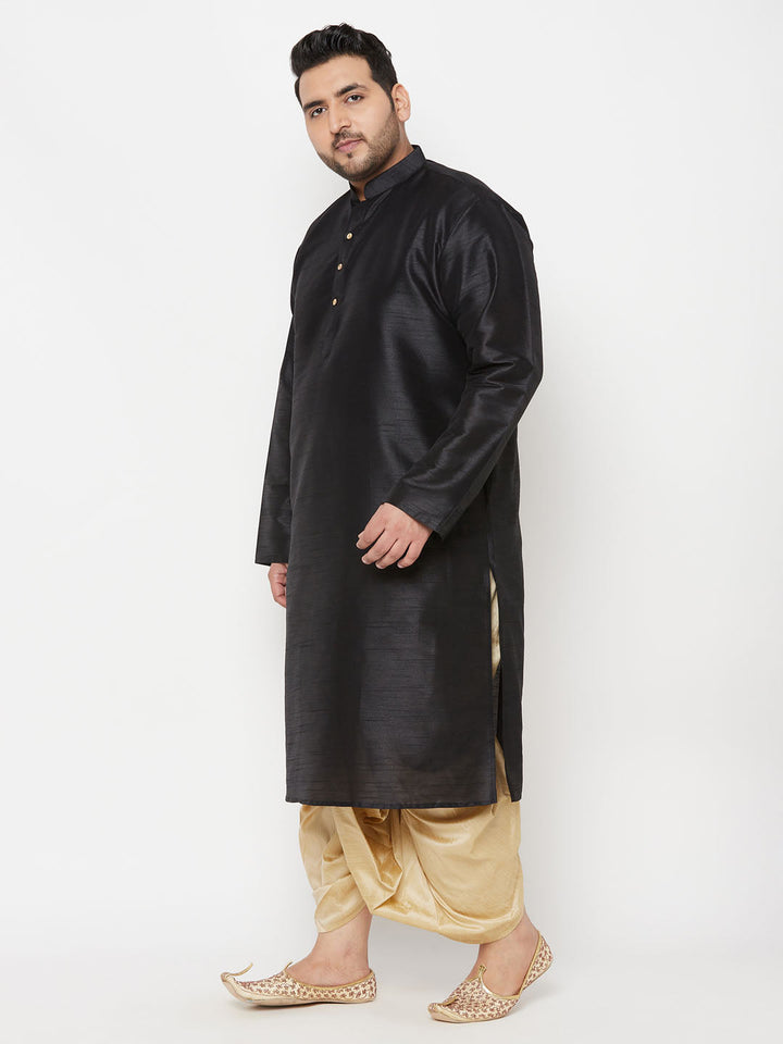 Men's Plus Size Black Silk Blend Kurta And Gold Dhoti Set