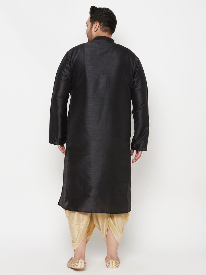 Men's Plus Size Black Silk Blend Kurta And Gold Dhoti Set