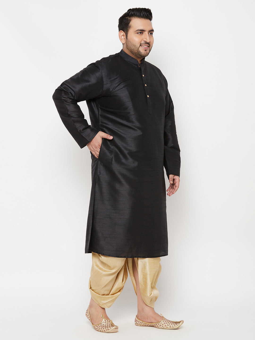 Men's Plus Size Black Silk Blend Kurta And Gold Dhoti Set