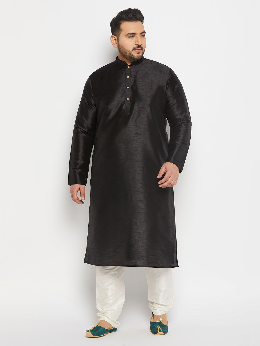 Men's Plus Size  Black Silk Blend Kurta And Cream Pant Style Pyjama Set
