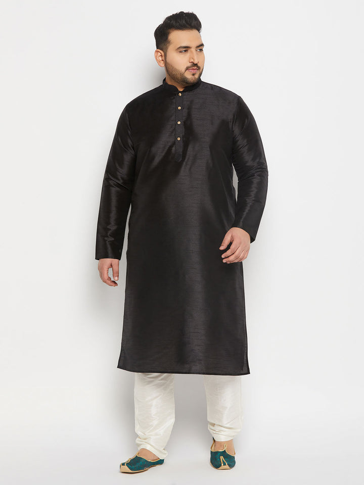 Men's Plus Size  Black Silk Blend Kurta And Cream Pant Style Pyjama Set