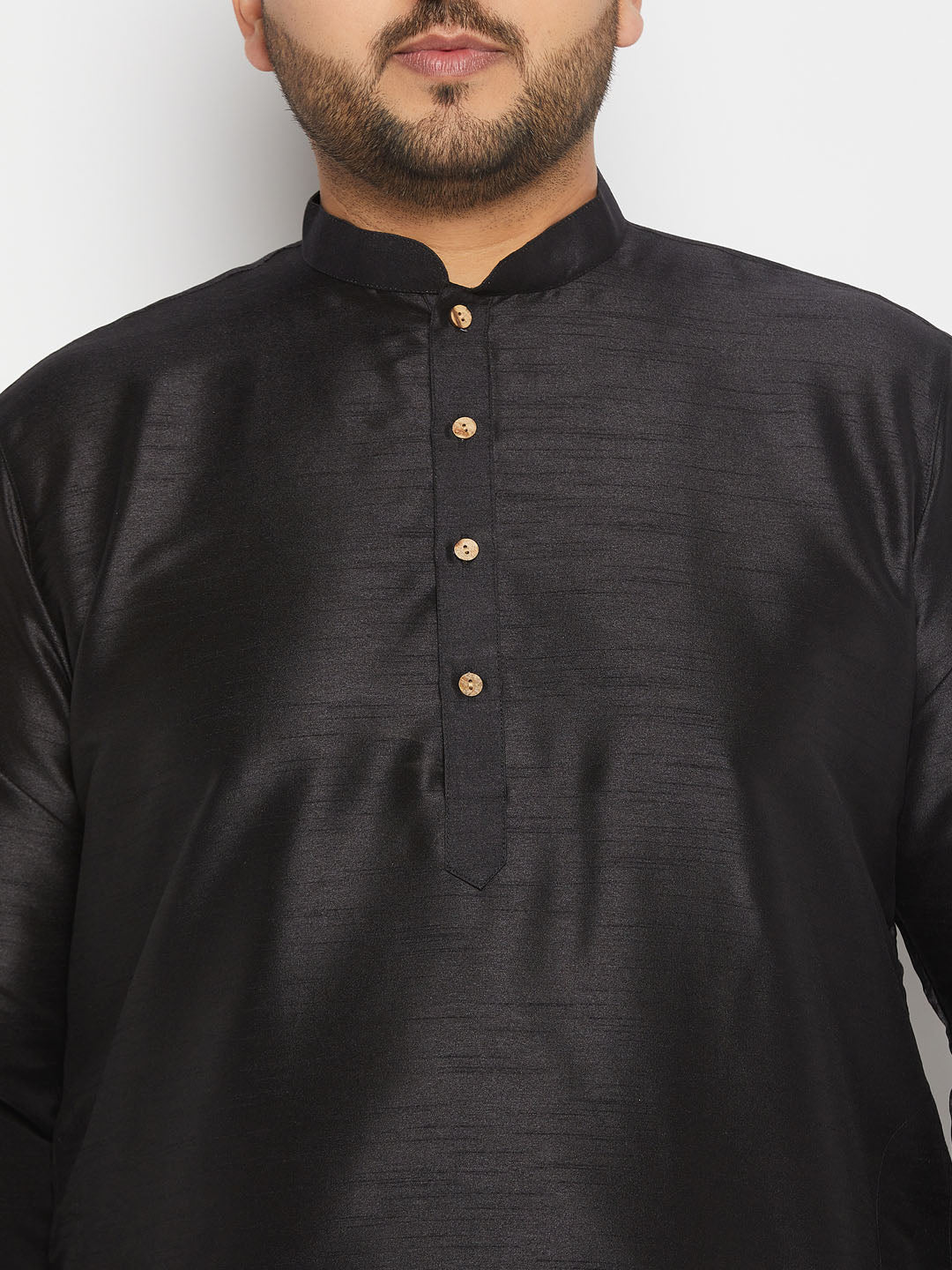 Men's Plus Size  Black Silk Blend Kurta And Cream Pant Style Pyjama Set