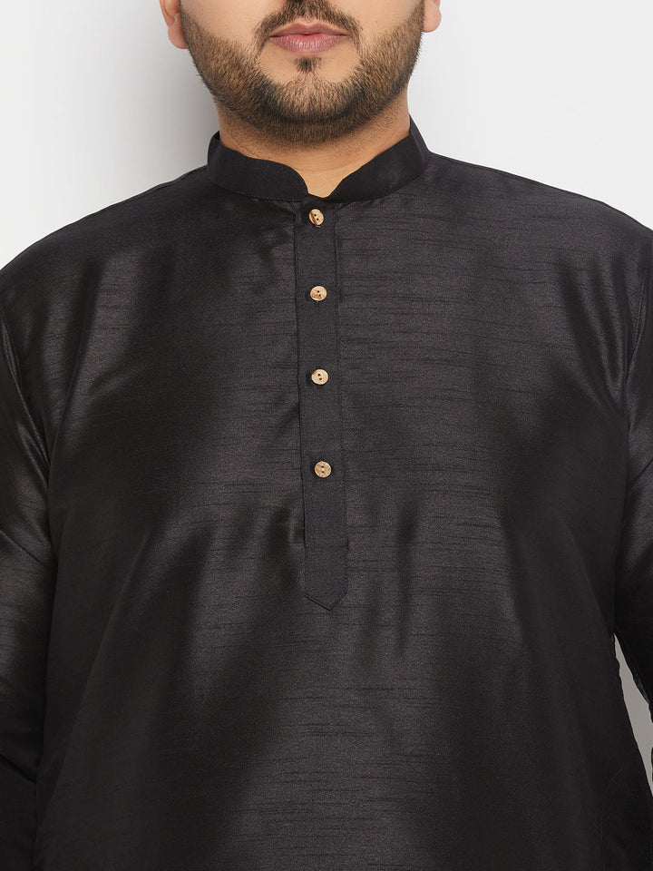 Men's Plus Size  Black Silk Blend Kurta And Cream Pant Style Pyjama Set