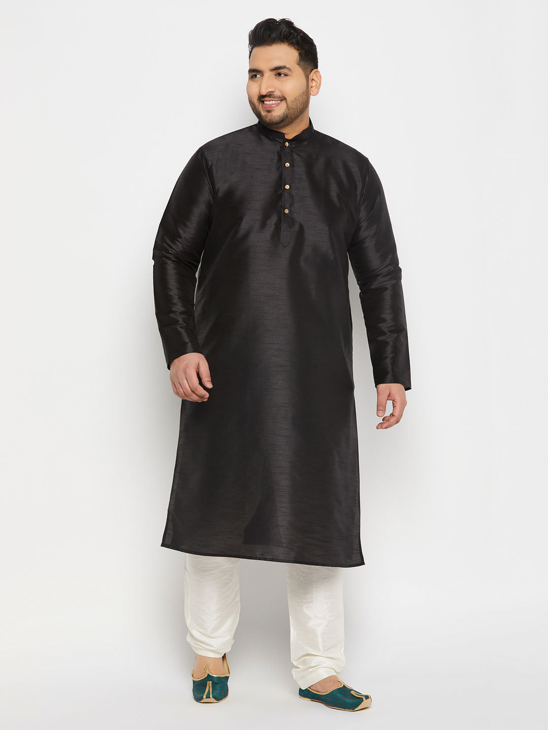 Men's Plus Size  Black Silk Blend Kurta And Cream Pant Style Pyjama Set