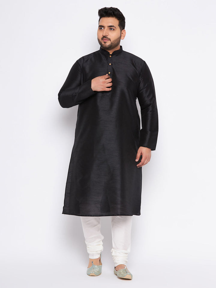 Men's Plus Size Black Cotton Silk Blend Kurta And Cream Pyjama Set