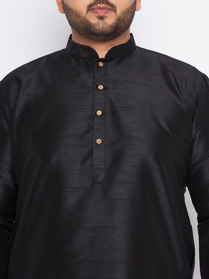 Men's Plus Size Black Cotton Silk Blend Kurta And Cream Pyjama Set