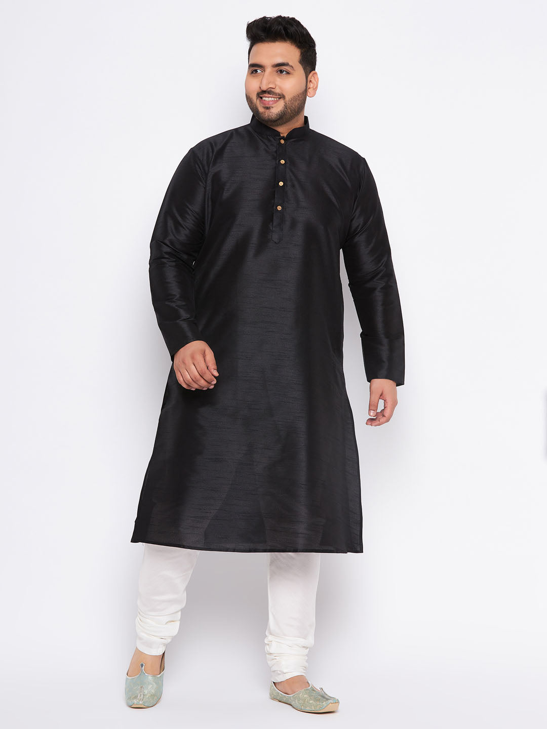 Men's Plus Size Black Cotton Silk Blend Kurta And Cream Pyjama Set