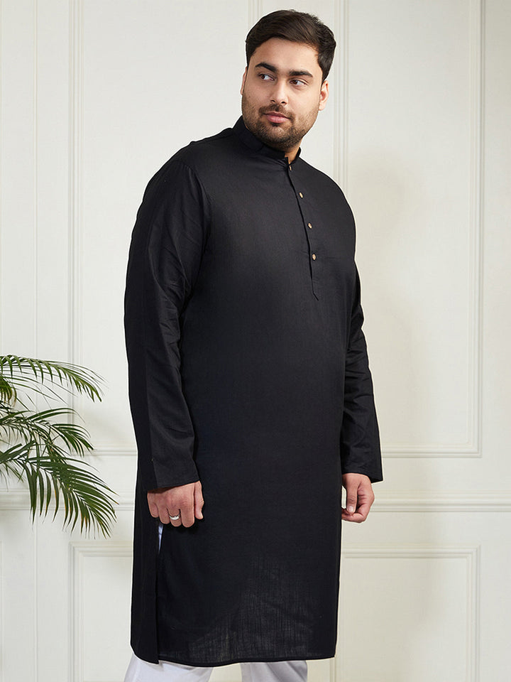 Plus Men's Black Cotton Linen Kurta